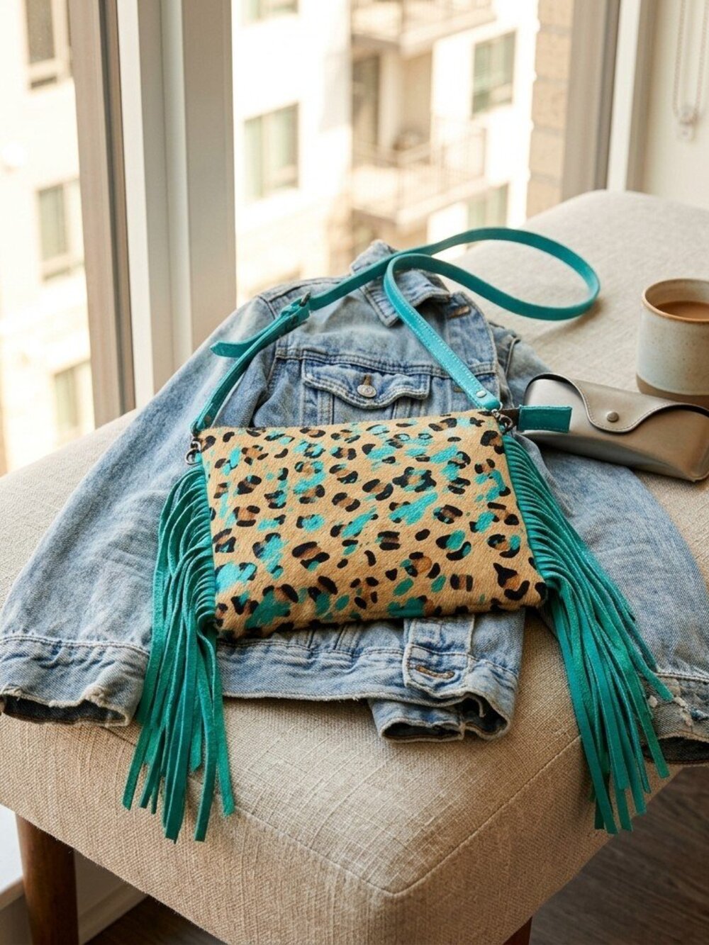 Amercian Darling Turquoise Blue Animal Print with all leather fringe bag